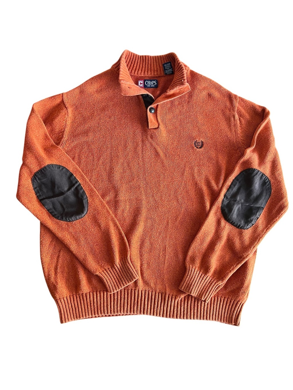 Chaps Sweater Men's XL Orange Mock Neck Button Elbow Patches Preppy Fisherman